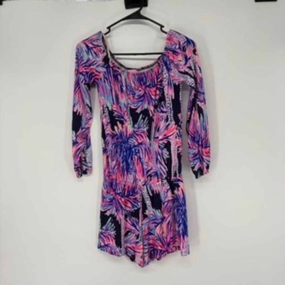 Lilly Pulitzer Romper Womens XXS Pink Blue‎ Palm Print Donna Long Sleeve